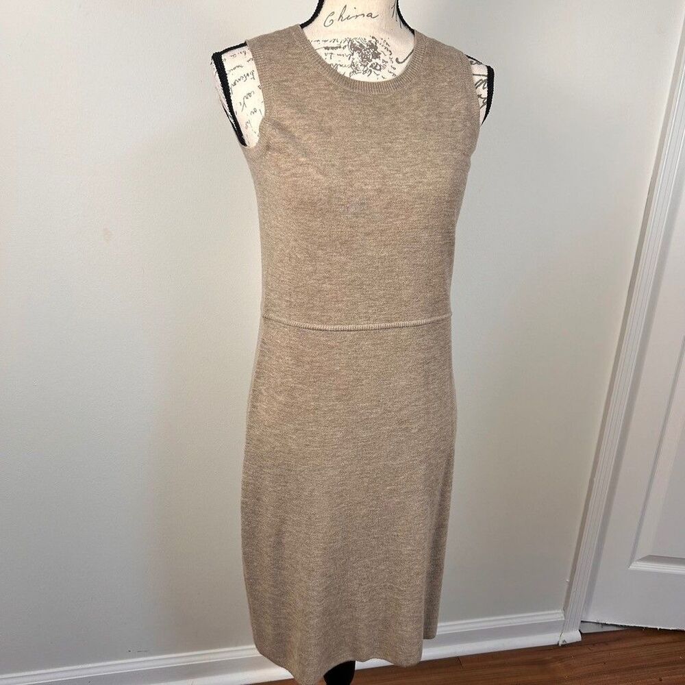 Worth New York Knit Dress Womens Petite P Beige 100% Wool Sleeveless Midi - Picture 2 of 10